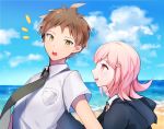  1boy 1girl :d :o ahoge beach black_jacket blue_sky brown_hair clouds commentary_request dangan_ronpa eyebrows_visible_through_hair flipped_hair from_side green_neckwear hair_ornament hairclip hinata_hajime jacket looking_at_another nanami_chiaki necktie ocean open_mouth outdoors pink_eyes pink_hair pink_neckwear pushing shirt short_hair short_sleeves sky smile super_dangan_ronpa_2 upper_body upper_teeth water yellow_eyes yuhi_(hssh_6) 