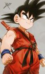  1boy arms_at_sides black_eyes black_hair clenched_hands dougi dragon_ball dragon_ball_(classic) fingernails frown grey_background looking_away male_focus nyoibo reeya short_hair signature simple_background smile son_gokuu spiky_hair standing tail upper_body wristband 