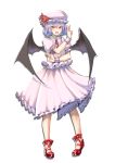  1girl :d absurdres bangs bat_wings blue_hair blush c.rabbit chinese_commentary commentary_request cross-laced_footwear dress eyebrows_visible_through_hair fang frilled_shirt_collar frills full_body hair_between_eyes hand_up hat hat_ribbon highres looking_at_viewer mob_cap open_mouth petticoat pink_dress pink_hat pointy_ears puffy_short_sleeves puffy_sleeves red_eyes red_footwear red_ribbon remilia_scarlet ribbon shoes short_hair short_sleeves silhouette simple_background smile solo standing touhou v v-shaped_eyebrows white_background wings wrist_cuffs 