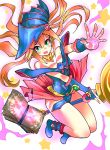  1girl absurdres bare_shoulders blonde_hair blue_footwear blush_stickers book boots breasts choker cleavage dark_magician_girl duel_monster green_eyes hat hexagram highres long_hair pentacle pentagram solo solo07450075 staff thighs wand wizard_hat yu-gi-oh! yuu-gi-ou yuu-gi-ou_duel_monsters 