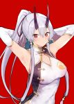  1girl armpits arms_behind_head bare_shoulders blush china_dress chinese_clothes cleavage_cutout covered_navel demon_horns detached_sleeves dress fate/grand_order fate_(series) hair_ribbon highres horns looking_at_viewer ponytail red_background red_eyes remora180 ribbon sidelocks silver_hair simple_background solo tomoe_gozen_(fate/grand_order) 