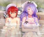  2girls ahoge bare_shoulders bathing blush breasts camilla_(fire_emblem_if) cleavage closed_eyes closed_mouth collarbone commentary_request fire_emblem fire_emblem_heroes fire_emblem_if gonzarez hair_between_eyes hair_ornament hair_over_one_eye highres hinoka_(fire_emblem_if) jealous large_breasts long_hair looking_at_breasts multiple_girls nintendo onsen parted_lips purple_hair red_eyes redhead short_hair sitting small_breasts teeth towel towel_on_head water 