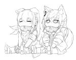  2girls animal_ears artist_request bandanna chibi closed_eyes dog_ears dog_tail food food_in_mouth girls_frontline headphones jacket m4a1_(girls_frontline) multiple_girls sitting sketch st_ar-15_(girls_frontline) tail tail_wagging taiyaki wagashi 