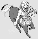  1boy armor bishounen centaur chiron_(fate) commentary_request fate/apocrypha fate_(series) greyscale haoro highres hooves horse_tail long_hair looking_at_viewer monochrome muscle scarf signature smile solo tail translation_request twitter_username 