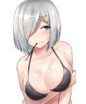  1girl absurdres arm_under_breasts bikini black_bikini blue_eyes blush breasts cleavage collarbone commentary_request embarrassed food hair_ornament hair_over_one_eye hairclip hamakaze_(kantai_collection) highres kantai_collection kiritto large_breasts looking_at_viewer pocky pocky_day shiny shiny_hair short_hair silver_hair simple_background solo sweatdrop swimsuit upper_body white_background 