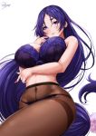  1girl arm_under_breasts artist_name bangs bare_shoulders blush bra breasts closed_mouth commentary_request covered_navel crotch_seam fate/grand_order fate_(series) grey_background hair_between_eyes highres hips large_breasts long_hair looking_at_viewer low-tied_long_hair minamoto_no_raikou_(fate/grand_order) nail_polish navel panties panties_under_pantyhose pantyhose parted_bangs purple_bra purple_hair purple_nails purple_panties sakiyamama signature simple_background smile solo thighband_pantyhose thighs underwear very_long_hair violet_eyes white_background 