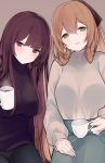  2girls bangs blush breasts brown_hair casual closed_mouth cup eyebrows_visible_through_hair girls_frontline green_eyes hair_between_eyes hair_rings holding holding_cup large_breasts long_hair looking_at_viewer m1903_springfield_(girls_frontline) mimelond multiple_girls open_mouth ponytail purple_hair red_eyes sidelocks sitting skirt smile steam sweater very_long_hair wa2000_(girls_frontline) 
