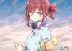  1girl absurdres aiqing bangs blue_eyes blush brown_hair closed_mouth clouds commentary_request day eyebrows_visible_through_hair fingernails fingers_together go-toubun_no_hanayome hair_between_eyes hair_ribbon head_tilt headphones headphones_around_neck highres japanese_clothes kimono long_sleeves looking_at_viewer looking_back nakano_miku outdoors patterned_clothing petals ribbon sky smile solo standing tied_hair upper_body yukata 