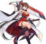  azur_lane bangs black_legwear blush breasts brown_hair cleavage closed_mouth detached_sleeves dress dual_wielding eyebrows_visible_through_hair geta hair_ornament highres holding holding_sword holding_weapon japanese_clothes katana kneehighs large_breasts leg_up long_hair looking_at_viewer morichika_shuuto one_eye_closed open_mouth ponytail red_dress rudder_footwear sheath sheathed sidelocks simple_background smile sword very_long_hair weapon white_background wide_sleeves zuikaku_(azur_lane) 