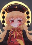 1girl black_dress black_hat blonde_hair blood blood_on_face blush closed_mouth crescent dress full_moon grey_background hat highres junko_(touhou) kibisake long_hair looking_at_viewer moon neck_ribbon red_eyes ribbon shaded_face smile solo tabard touhou upper_body yellow_ribbon 