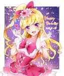  1girl 2018 :d asahina_mirai blonde_hair bow corset cure_miracle dated eyebrows_visible_through_hair gloves hair_bow happy_birthday hat long_hair looking_at_viewer mahou_girls_precure! mikorin open_mouth pink_hat pink_neckwear precure red_bow shiny shiny_hair shirt short_sleeves side_ponytail smile solo standing very_long_hair violet_eyes white_gloves white_shirt witch_hat 