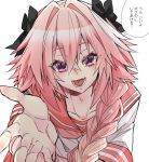  1boy alternate_costume astolfo_(fate) black_bow black_ribbon bow braid commentary_request fang fate/apocrypha fate_(series) hair_intakes hair_ribbon haoro long_braid looking_at_viewer male_focus multicolored_hair open_mouth otoko_no_ko pink_hair reaching_out red_sailor_collar ribbon sailor_collar school_uniform simple_background single_braid sketch solo speech_bubble streaked_hair talking translation_request violet_eyes white_background 