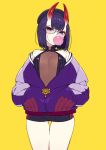  1girl bangs bare_shoulders bike_shorts blush breasts bubble_blowing chan_co chewing_gum earrings eyebrows_visible_through_hair fate/grand_order fate_(series) hands_in_pockets horns jacket jewelry long_sleeves looking_at_viewer off_shoulder oni oni_horns open_clothes open_jacket purple_hair purple_jacket rimless_eyewear short_eyebrows short_hair shuten_douji_(fate/grand_order) simple_background small_breasts solo standing thick_eyebrows violet_eyes yellow_background 
