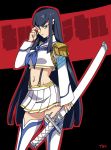  1girl adapted_costume bakuzan bangs black_hair blue_eyes boots commentary cowboy_shot crop_top english_commentary epaulettes hair_ornament hairclip high_collar highres junketsu katana kill_la_kill kiryuuin_satsuki long_hair looking_at_viewer midriff navel outline pleated_skirt scabbard sheath sheathed skirt solo standing suspenders sword thigh-highs thigh_boots typo_(requiemdusk) weapon white_footwear white_skirt zettai_ryouiki 