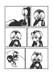 &gt;_&lt; 2girls :3 blush comic commentary_request covering_face embarrassed emperor_penguin_(kemono_friends) eyebrows_visible_through_hair full-face_blush greyscale hair_over_one_eye headphones highres hood hoodie kemono_friends kotobuki_(tiny_life) leotard long_hair long_sleeves monochrome multiple_girls no_shoes penguin_tail royal_penguin_(kemono_friends) short_hair sleeping tail thigh-highs twintails 