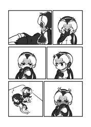  &gt;_&lt; 2girls :3 blush comic commentary_request covering_face embarrassed emperor_penguin_(kemono_friends) eyebrows_visible_through_hair full-face_blush greyscale hair_over_one_eye headphones highres hood hoodie kemono_friends kotobuki_(tiny_life) leotard long_hair long_sleeves monochrome multiple_girls no_shoes penguin_tail royal_penguin_(kemono_friends) short_hair sleeping tail thigh-highs twintails 