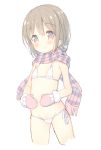 1girl bangs bikini blush brown_hair closed_mouth commentary_request cropped_legs eyebrows_visible_through_hair fringe_trim fur-trimmed_mittens groin hair_between_eyes hands_on_own_stomach long_hair meito_(maze) micro_bikini mittens navel original pink_scarf plaid plaid_scarf red_eyes red_mittens scarf side-tie_bikini simple_background smile solo swimsuit white_background white_bikini 