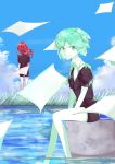  2others absurdres androgynous blue_sky clouds colored_eyelashes crystal_hair from_behind gem_uniform_(houseki_no_kuni) grass green_eyes green_hair highres houseki_no_kuni looking_at_viewer multiple_others necktie outdoors paper phosphophyllite redhead shinsha_(houseki_no_kuni) short_hair sitting sky smile water white_skin 