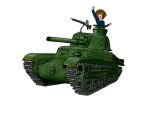  1girl akiyama_yukari artist_request brown_eyes brown_hair caterpillar_tracks girls_und_panzer ground_vehicle gun highres machine_gun military military_vehicle motor_vehicle ooarai_military_uniform short_hair smile tank weapon white_background 