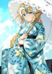  1girl akae_neo bangs blonde_hair blue_eyes blue_kimono blue_sky blush braid breasts closed_mouth clouds commentary_request day eyebrows_visible_through_hair fate/grand_order fate_(series) floral_print headpiece highres holding holding_umbrella japanese_clothes jeanne_d&#039;arc_(fate) jeanne_d&#039;arc_(fate)_(all) kimono long_hair long_sleeves looking_at_viewer medium_breasts obi outdoors print_kimono sash single_braid sitting sky sleeves_past_wrists smile solo umbrella very_long_hair white_umbrella wide_sleeves 