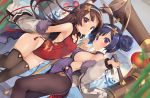  2girls ahoge animal_ears armpits azur_lane backless_leotard backless_outfit bamboo bare_shoulders bell black_legwear blurry blush breasts brown_hair cleavage_cutout closed_mouth commentary_request covered_navel depth_of_field double_bun dutch_angle eyebrows_visible_through_hair fake_animal_ears fur-trimmed_jacket fur_trim grey_jacket groin hair_bun hairband holding jacket jingle_bell kurot lantern leotard long_hair looking_at_viewer mallet medium_breasts multiple_girls ning_hai_(azur_lane) off_shoulder open_clothes open_jacket panda pantyhose paper_lantern parted_lips ping_hai_(azur_lane) plant purple_hair purple_leotard rabbit_ears red_eyes red_leotard sideboob small_breasts smile standing striped thigh-highs thighs violet_eyes white_hairband 