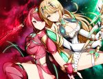  2girls armor aura bangs bare_shoulders blonde_hair blush breasts cleavage dress earrings fingerless_gloves gloves hair_ornament highres mythra_(xenoblade) holding holding_sword holding_weapon pyra_(xenoblade) jewelry large_breasts long_hair looking_at_viewer multiple_girls neon_trim nintendo red_eyes redhead short_hair shorts sidelocks sitting smile swept_bangs sword tiara weapon wsman xenoblade_(series) xenoblade_2 yellow_eyes 