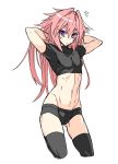  1boy abs arms_behind_head astolfo_(fate) commentary_request fate/apocrypha fate_(series) hair_down hair_intakes haoro long_hair looking_at_viewer male_focus multicolored_hair pink_hair simple_background sketch solo stomach streaked_hair thigh-highs tight toned underwear violet_eyes white_background 