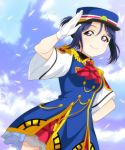  1girl alternate_hairstyle ascot blue_dress blue_hair collared_dress conductor day dress epaulettes gloves hair_bun hand_on_hip happy_party_train hat hat_feather highres kuusuke_(yo_suke39) looking_at_viewer love_live! love_live!_school_idol_project love_live!_sunshine!! matsuura_kanan outdoors petals plaid_neckwear red_neckwear salute short_sleeves sidelocks smile solo violet_eyes whistle white_feathers white_gloves 