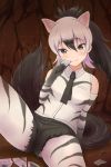  1girl aardwolf_(kemono_friends) aardwolf_ears aardwolf_print aardwolf_tail animal_ears animal_print arm_behind_back arm_support ass_visible_through_thighs bare_shoulders black_eyes black_hair black_neckwear black_shorts blush breast_pocket closed_mouth commentary_request cutoffs elbow_gloves extra_ears eyebrows_visible_through_hair gloves hair_between_eyes hand_to_own_mouth hand_up head_tilt high_ponytail holding holding_paper indoors kemono_friends knee_up leaning_back legwear_under_shorts long_hair looking_at_viewer multicolored_hair necktie on_ground pantyhose paper picolette_xiii pocket ponytail print_gloves print_legwear print_shirt purple_hair shirt shorts sidelocks signature sitting sleeveless sleeveless_shirt smile solo spread_legs tail tsurime two-tone_hair upshorts 