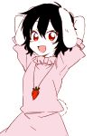  1girl :3 animal_ears arms_behind_head arms_up bangs black_hair bunny_tail carrot_necklace dress floppy_ears frilled_sleeves frills hair_between_eyes inaba_tewi looking_at_viewer open_mouth pink_dress rabbit_ears red_eyes short_hair short_sleeves simple_background six_(fnrptal1010) smile solo tail touhou upper_body white_background white_skin 