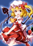  1girl :d ascot blonde_hair blue_background bow brown_eyes eyebrows_visible_through_hair fang flandre_scarlet frilled_shirt_collar frilled_skirt frills hair_between_eyes hat highres laevatein long_hair looking_at_viewer mob_cap open_mouth puffy_short_sleeves puffy_sleeves red_bow red_footwear red_skirt red_vest ruu_(tksymkw) shirt shoes short_sleeves side_ponytail simple_background skirt skirt_set smile solo touhou v-shaped_eyebrows vest white_shirt yellow_neckwear 