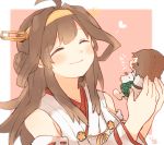  1girl ahoge border brown_hair character_doll closed_eyes commentary_request detached_sleeves double_bun hairband headgear hiei_(kantai_collection) inagawa_(kidou_kairo) kantai_collection kongou_(kantai_collection) long_hair pink_background ribbon-trimmed_sleeves ribbon_trim smile solo two-tone_background upper_body white_border 