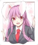  1girl :d animal_ears black_jacket blazer blush border breasts commentary_request crescent crescent_moon_pin floral_background hands_up jacket kue large_breasts long_sleeves necktie open_mouth outside_border purple_hair rabbit_ears red_eyes red_neckwear reisen_udongein_inaba shirt sidelocks sketch smile solo touhou upper_body white_background white_border white_shirt 