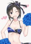  1girl ;d antenna_hair bikini black_eyes black_hair breasts cleavage collarbone frilled_bikini_top hairband heart highres idolmaster idolmaster_(classic) kikuchi_makoto looking_at_viewer microphone midriff mogskg navel one_eye_closed open_mouth pom_poms print_bikini print_bikini_top short_hair simple_background small_breasts smile solo standing star star_print stomach striped striped_hairband swimsuit upper_body white_background 