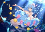  1girl :d air_bubble animal bangs bare_legs bare_shoulders blue_dress blue_eyes blue_footwear blue_hair blurry blush bracelet breasts brooch bubble catsizuru caustics chinese_commentary cleavage commentary_request coral dress fang fish freediving hair_between_eyes haiyi hand_up hat high_heels jellyfish jewelry light_rays long_hair looking_at_viewer medium_breasts motion_blur open_mouth outstretched_arm pink_hat school_of_fish sidelocks sleeveless sleeveless_dress smile solo strapless strapless_dress sunlight twitter_username underwater vocaloid water 