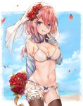 1girl :q absurdres bangs bare_shoulders blue_cardigan blue_eyes blue_sky blush bouquet bra brown_legwear closed_mouth clouds cloudy_sky commentary_request cowboy_shot flower frilled_panties frills garter_straps go-toubun_no_hanayome groin hair_between_eyes hair_flower hair_ornament hand_up headphones headphones_around_neck highres holding holding_bouquet lace lace-trimmed_bra lace-trimmed_panties leg_garter long_hair long_sleeves looking_at_viewer luminous nakano_miku navel off_shoulder panties petals pink_hair red_flower rose sidelocks sky sleeves_past_wrists smile solo standing stomach thigh-highs tongue tongue_out underwear veil white_bra white_panties 
