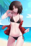  1girl ass_visible_through_thighs bangs bare_arms bare_legs bare_shoulders beach bikini black_bikini black_eyes black_hair blue_sky breasts cleavage closed_mouth clouds collarbone day hand_in_hair highres hips jacket kara_no_kyoukai legs looking_at_viewer midriff navel ocean okakasushi outdoors red_jacket ryougi_shiki sand short_hair sky small_breasts solo standing stomach swimsuit thighs tree 