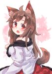  1girl :o ahoge animal_ear_fluff animal_ears bangs bare_shoulders blush brown_hair eyebrows_visible_through_hair fang highres imaizumi_kagerou jacket kibisake long_hair long_sleeves looking_at_viewer looking_to_the_side off_shoulder open_mouth red_eyes red_skirt skirt solo tail tail_raised touhou very_long_hair white_jacket wolf_ears wolf_girl wolf_tail 