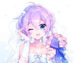  1girl azur_lane bare_shoulders blue_eyes bouquet bridal_veil choker collarbone commentary_request dress eyebrows_visible_through_hair flower javelin_(azur_lane) looking_at_viewer one_eye_closed open_mouth purple_hair shichijou_natori short_hair smile solo tiara upper_body veil wedding_dress white_choker 