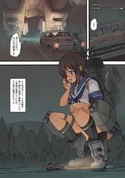  1girl black_legwear blue_skirt blush car chevrolet_bel_air comic commentary_request driving fubuki_(kantai_collection) giantess ground_vehicle head_out_of_frame headlamp highres illumination kantai_collection lace looking_down medium_hair metal_boots motor_vehicle night open_mouth outdoors panties pantyshot pleated_skirt ponytail rigging rudder_footwear sailor_collar school_uniform seo_tatsuya serafuku sidelocks size_difference sketch skirt socks solo_focus squatting tail_lights torpedo_tubes translation_request underwear white_panties 