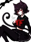  1girl absurdres animal_ear_fluff animal_ears artist_name bangs black_bow black_choker black_hair black_legwear black_sailor_collar black_serafuku black_skirt bow cat_ears cat_tail choker commentary cross_choker earrings eyebrows_visible_through_hair eyelashes feet_out_of_frame hair_between_eyes head_tilt highres jewelry long_sleeves midriff_peek miniskirt nail_polish original pantyhose red_bow red_eyes red_nails red_neckwear sailor_collar school_uniform serafuku sheya signature simple_background sitting skirt solo tail thighs white_background 