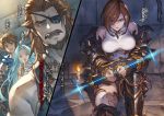  2boys 2girls ahoge apollonia_vaar armored_boots beard blue_hair boots breasts breasts_apart bridal_gauntlets brown_eyes brown_hair candle character_name collarbone covering_mouth eyepatch facial_hair gran_(granblue_fantasy) granblue_fantasy green_eyes hair_between_eyes hair_over_one_eye hand_over_own_mouth highres large_breasts long_hair looking_at_viewer minaba_hideo multiple_boys multiple_girls mustache novel_illustration official_art open_mouth restrained shirt shoulder_armor spaulders split_screen thigh-highs torn_clothes torn_legwear very_long_hair white_legwear white_shirt 