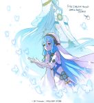  2girls aqua_(fire_emblem_if) blue_hair bug butterfly closed_mouth company_name copyright_name dress dual_persona fire_emblem fire_emblem_heroes fire_emblem_if gloves hair_between_eyes highres insect kaya8 long_hair multiple_girls nintendo official_art signature smile veil white_dress white_gloves yellow_eyes younger 