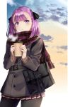 1girl bag black_legwear casual coffee_cup commentary_request cowboy_shot cup disposable_cup dusk fate/grand_order fate_(series) hair_ribbon helena_blavatsky_(fate/grand_order) long_sleeves nishimi_shin pantyhose parted_lips plaid plaid_scarf pleated_skirt purple_hair ribbon scarf short_hair shoulder_bag skirt solo violet_eyes 