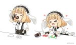  &gt;_&lt; 1girl :d animal_ears black_hairband blonde_hair bongo_cat can canned_coffee center_frills closed_eyes commentary cup directional_arrow drinking drinking_glass fleur_de_lapin_uniform floppy_ears frilled_hairband frills gochuumon_wa_usagi_desu_ka? hairband hand_on_hip heart holding holding_can kirima_sharo meme miicha open_mouth puffy_short_sleeves puffy_sleeves rabbit_ears shirt short_sleeves simple_background smile twitter twitter_username uniform waitress white_background white_shirt wrist_cuffs xd 