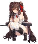  1girl ass assault_rifle bandage bandaged_arm bandages bangs bare_shoulders black_footwear black_gloves black_panties blush boots breasts brown_hair cleavage closed_mouth collared_shirt frown full_body girls_frontline gloves gun hair_between_eyes hair_ribbon hand_up highres kaerunoko knee_boots long_hair looking_at_viewer medium_breasts panties qbz-97 qbz-97_(girls_frontline) red_neckwear red_ribbon ribbon rifle shirt sidelocks simple_background sleeveless sleeveless_shirt solo squatting thigh-highs thighs torn_clothes twintails underwear v-shaped_eyebrows very_long_hair weapon white_background white_legwear white_shirt yellow_eyes 