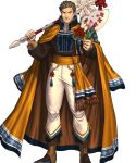  1boy alternate_costume axe boots bow brown_eyes brown_hair cape feathers fire_emblem fire_emblem:_akatsuki_no_megami fire_emblem:_souen_no_kiseki fire_emblem_heroes flower full_body greil highres izuka_daisuke male_focus nintendo scar solo transparent_background 