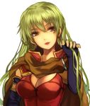  1girl blue_gloves breasts brown_eyes cape cleavage dress elbow_gloves fingerless_gloves fire_emblem fire_emblem:_fuuin_no_tsurugi gloves green_hair hair_between_eyes hand_in_hair igrene jurge lips long_hair medium_breasts mole mole_under_eye nintendo simple_background solo upper_body white_background 