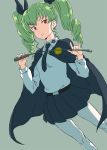  1girl anchovy anzio_school_uniform bangs belt black_belt black_cape black_neckwear black_ribbon black_skirt cape commentary_request cowboy_shot dress_shirt drill_hair dutch_angle eyebrows_visible_through_hair frown girls_und_panzer green_hair grey_background hair_ribbon holding ken-sya long_hair long_sleeves looking_at_viewer miniskirt necktie pantyhose parted_lips pleated_skirt red_eyes ribbon riding_crop school_uniform shirt simple_background skirt solo standing twin_drills twintails white_legwear white_shirt 