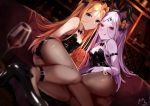  2girls :q abigail_williams_(fate/grand_order) animal_ears ass bangs bare_shoulders black_bow black_footwear black_hairband black_leotard black_neckwear blonde_hair blue_eyes blurry blurry_background blurry_foreground blush bottle bow bowtie breasts brown_legwear bunnysuit cleavage closed_mouth collar commentary_request couch cup depth_of_field detached_collar drinking_glass dual_persona dutch_angle eyebrows_visible_through_hair fake_animal_ears fate/grand_order fate_(series) fingernails hair_between_eyes hair_bow hairband high_heels highres indoors leotard long_hair multiple_girls nahaki orange_bow pale_skin pantyhose parted_bangs polka_dot polka_dot_bow purple_hair rabbit_ears red_eyes shoe_soles shoes signature small_breasts smile strapless strapless_leotard stuffed_animal stuffed_toy teddy_bear tongue tongue_out very_long_hair white_collar wine_bottle wine_glass wing_collar wrist_cuffs 